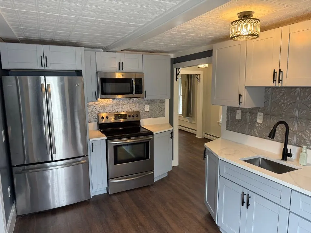 Recently renovated kitchen with gray cabinets, stainless steel appliances, patterned backsplash, and wood-look flooring at 40 Russell Street